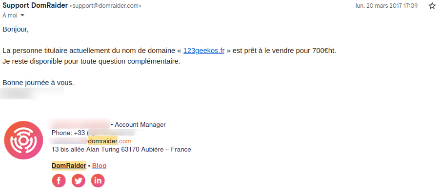 Réponse du support DomRaider suite à la demande de rachat du nom de domaine